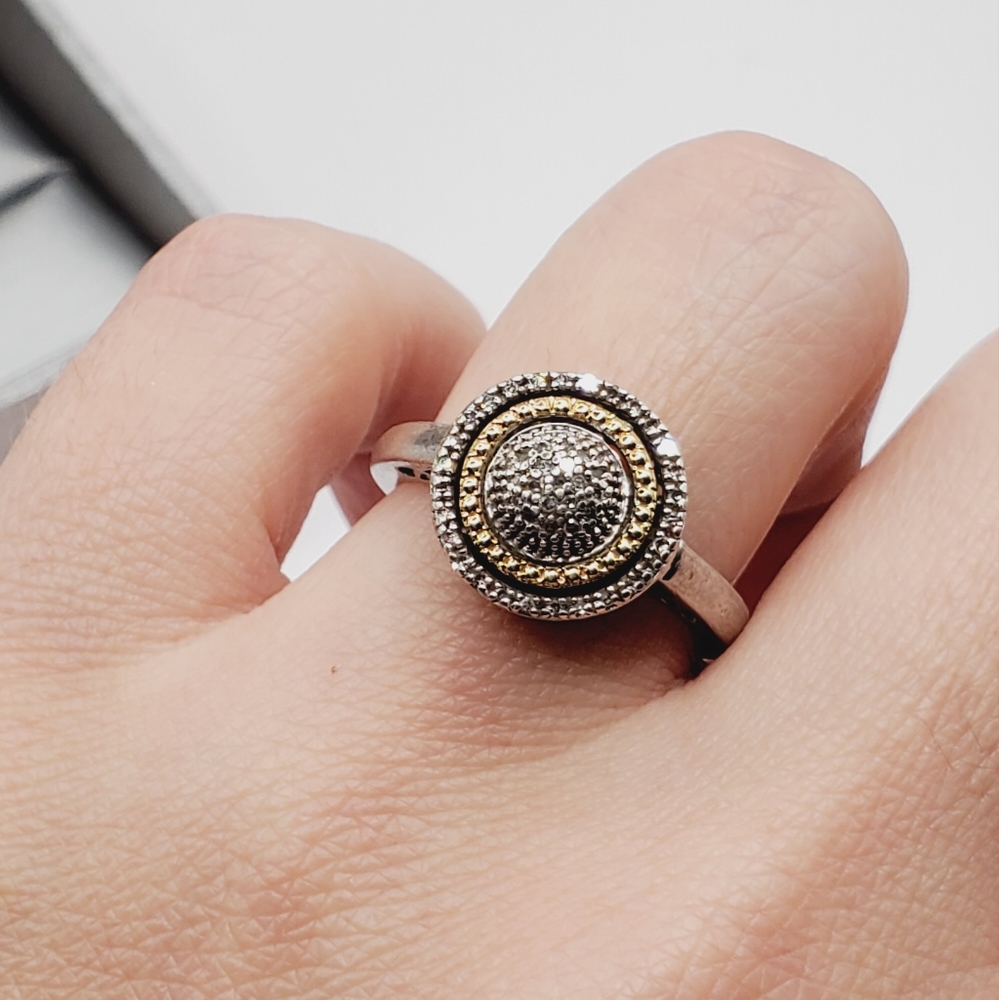 14k 925 Two Tone Sterling Silver & Yellow Gold Genuine Diamond Circle Dome Ring - Picture 4 of 6